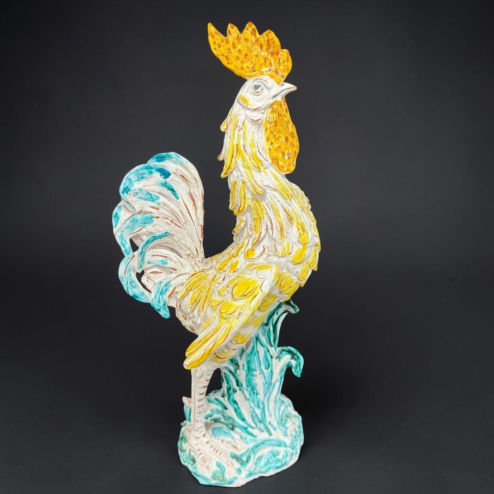 Italian Pottery Rooster Figurine Hand Painted Yellow Turquoise 1942 Hand Made